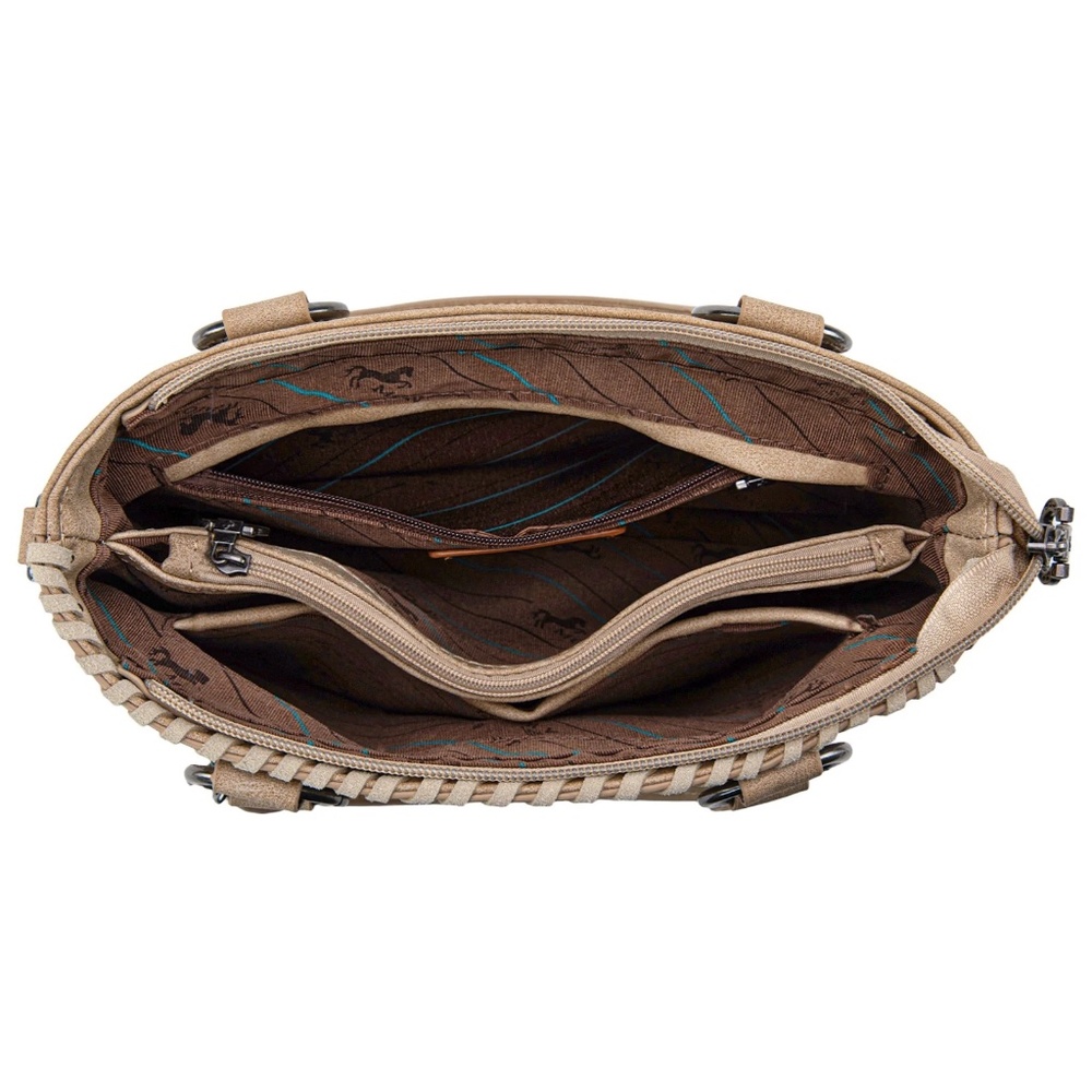 Montana West Taupe Tooled Leather Satchel with Sunflower Charm - Picture 5 of 5